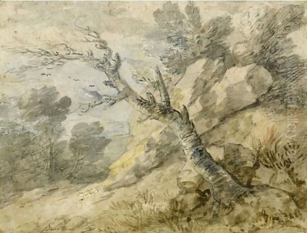 Wooded Landscape With Rocks And Tree Stump Oil Painting by Thomas Gainsborough