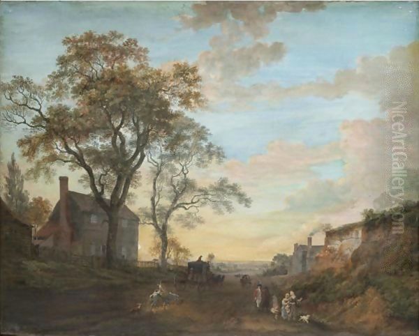 A Carriage And Figures Travelling The High Road Near An Inn Oil Painting by Paul Sandby