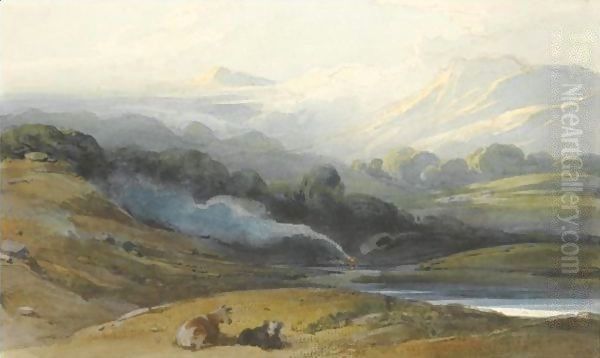 Cattle Resting In A Mountainous Landscape Oil Painting by George Chinnery