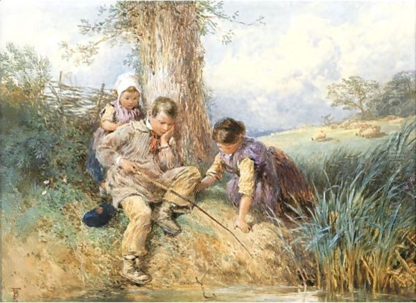 Fishing Oil Painting by Myles Birket Foster