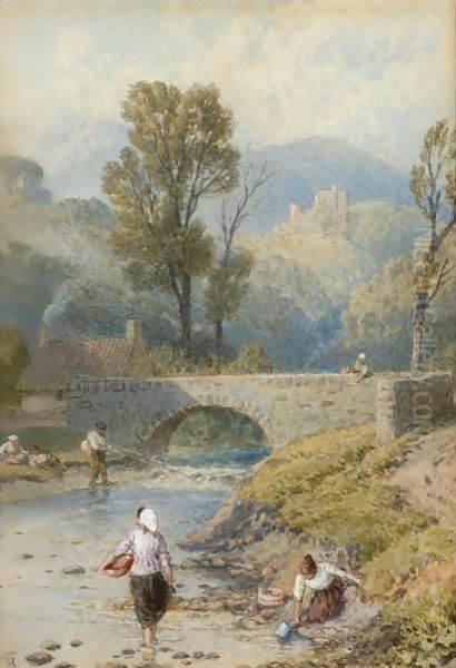 Figures On The River, Dollar, Clackmananshire Oil Painting by Myles Birket Foster