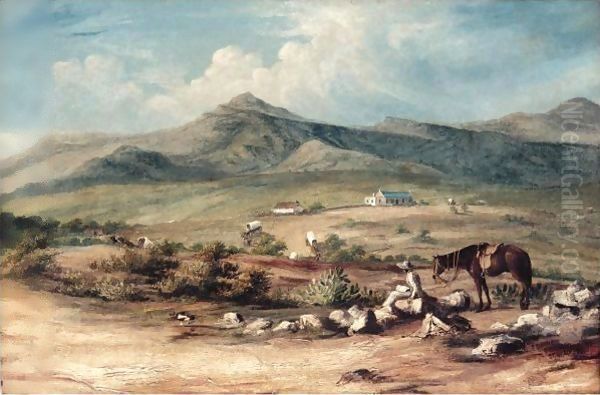 The Artist And His Mount Overlooking A Valley In The Eastern Cape, With A Wagon Train Passing A Farm Below Oil Painting by Thomas Baines