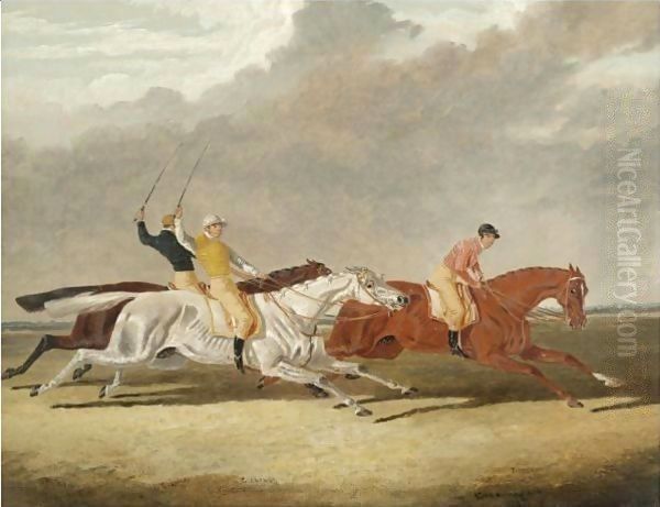 Race For The Subscription Plate At Newmarket 22nd April 1835 Between Plenipotentiary, Clearwell And Rosalie Oil Painting by John Frederick Herring Snr