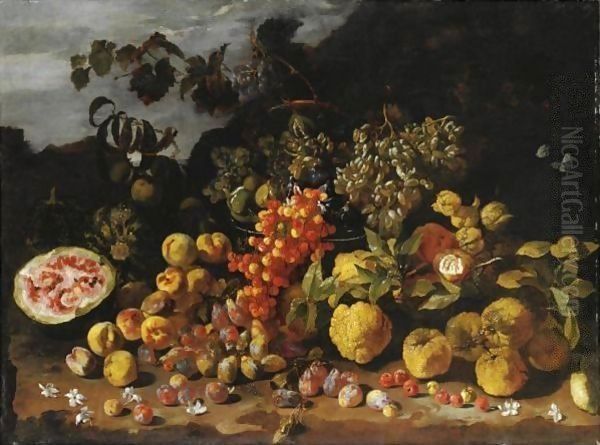 Natura Morta Di Frutta Con Prugne, Ciliegie, Anguria E Uva Oil Painting by Luca Forte