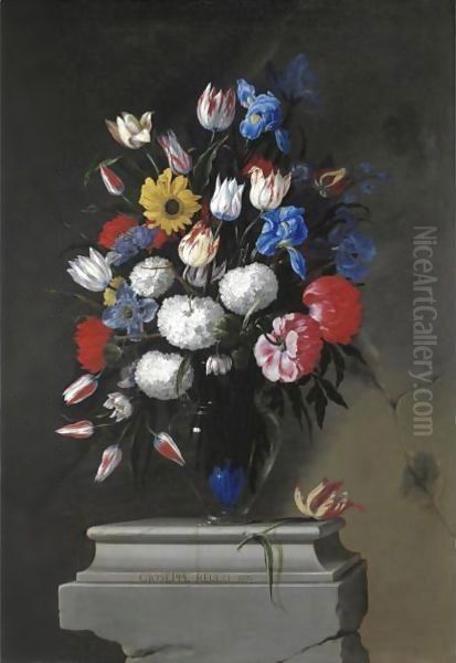 Natura Morta Con Tulipani, Iris, Girasole, Peonie, Anemoni E Altri Fiori In Un Vaso Di Vetro, Su Una Base Di Pietra Oil Painting by Giuseppe Recco