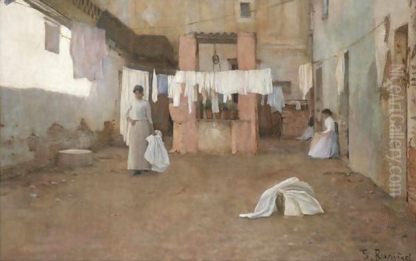 Lavanderas De La Barceloneta (Washerwomen From The Barceloneta) Oil Painting by Santiago Rusinol i Prats