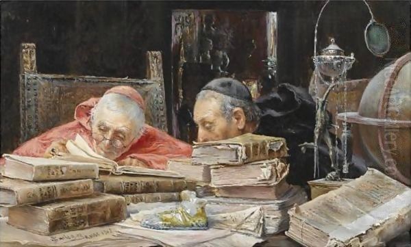 En La Bibloteca (In The Library) Oil Painting by Jose Gallegos Y Arnosa