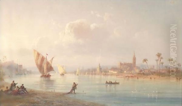 Siviglia Vista Dal Guadalquivir (Seville Seen From The Guadalquivir River) Oil Painting by Carlo Bossoli