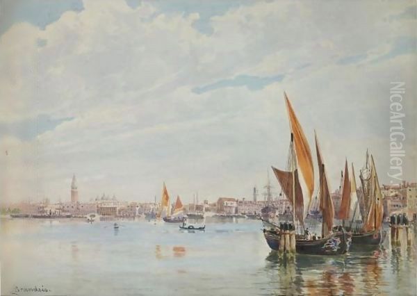 Boats On The Lagoon With The Doge's Palace In The Distance Oil Painting by Antonietta Brandeis