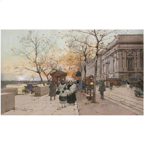 Le Quai Du Louvre Oil Painting by Eugene Galien-Laloue