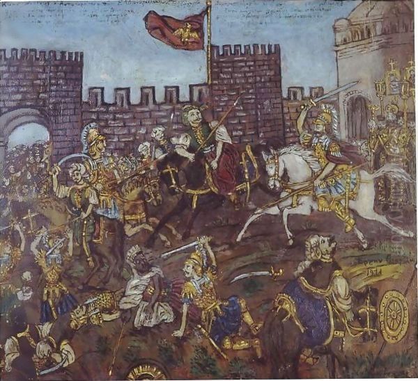 Konstantinos Paleologos Emperor Of The Greco-Romans In The Battle Of The 29th May 1453 Oil Painting by Theofilos (Hadjimichail)