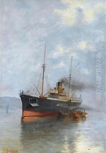 Embarking The Steamship Oil Painting by Vasilios Chatzis