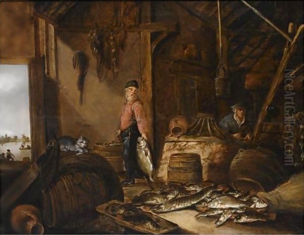 A Fisherman In His Barn With Fresh-Water Fish, A Woman In The Background Oil Painting by Pieter de Putter