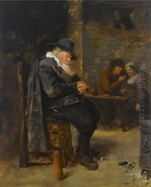 An Elderly Man Sleeping In An Inn With An Amorous Couple In The Background Oil Painting by Adriaen Brouwer