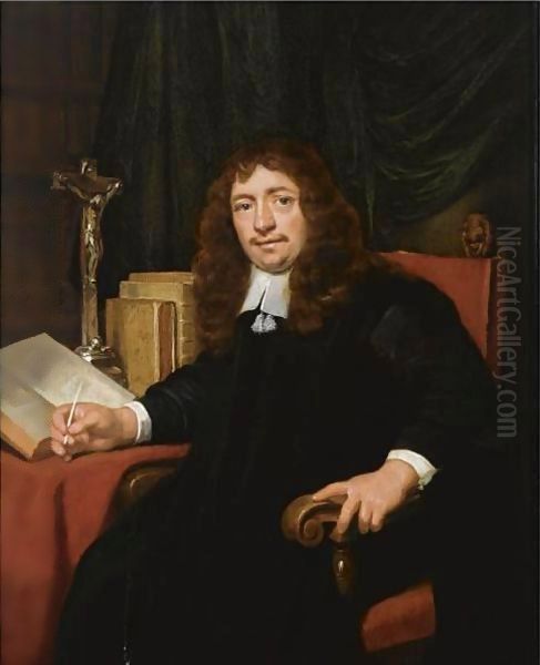 Portrait Of A Man Seated At A Table In His Study, Holding A Pen Oil Painting by Jan De Bray