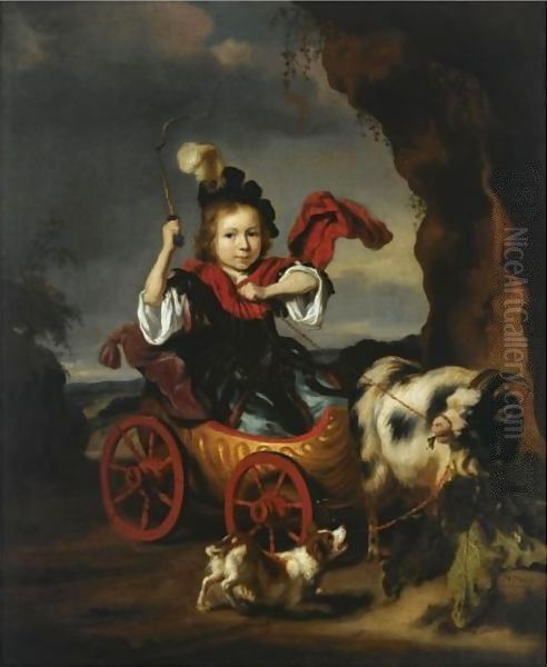 A Young Boy In Classical Dress In A Goat-Drawn Chariot, Together With A Dog In A Landscape Oil Painting by Nicolaes Maes