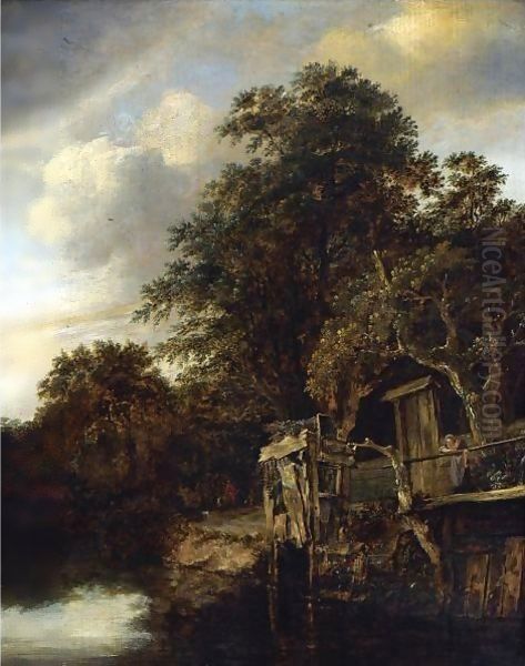 A Wooded River Landscape With A Woman And Child Looking Out Over The Water Oil Painting by Cornelius Decker