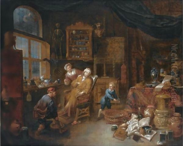 A Doctor's Interior With A Doctor Treating A Patient's Ankle, Together With A Woman Offering A Drink And A Little Boy Nearby Oil Painting by Jan Josef, the Elder Horemans