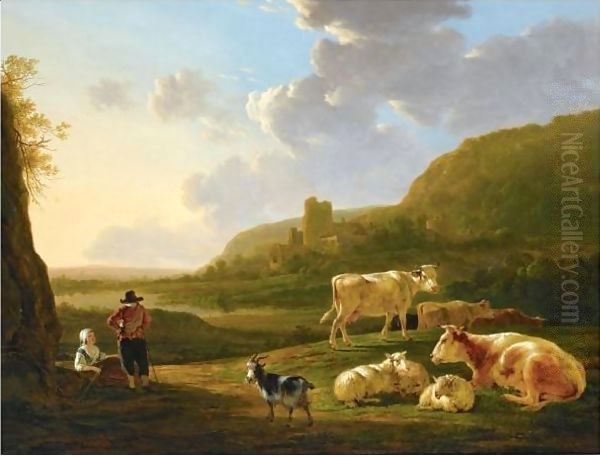 A Southern River Landscape With Shepherds Resting With Their Herd, A View Of A Ruin Beyond Oil Painting by Jacob van Strij