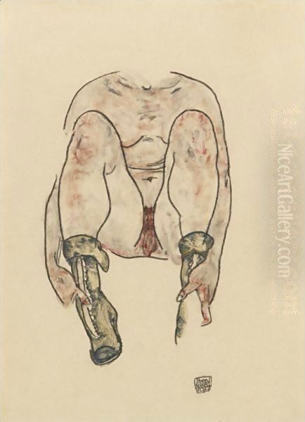 Seated Female Nude With Green Boots Oil Painting by Egon Schiele