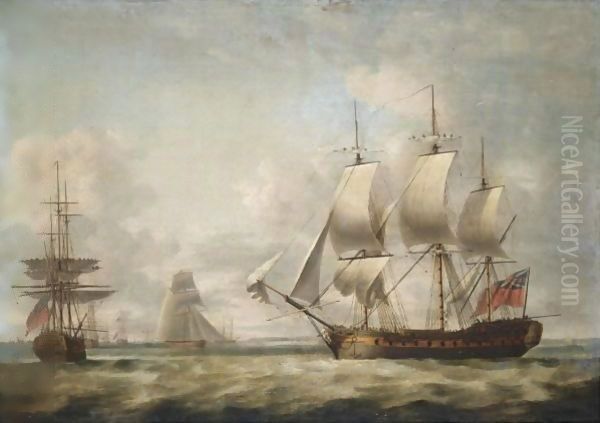 A 32-Gun Frigate Taking In Sail And Other Shipping Off The Coast Oil Painting by Thomas Luny