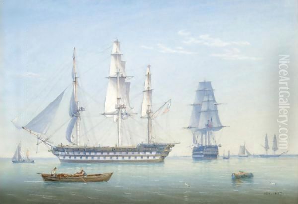 Two 64-Gun British Men-Of-War Ships In A Calm With Other Shipping Oil Painting by William Joy