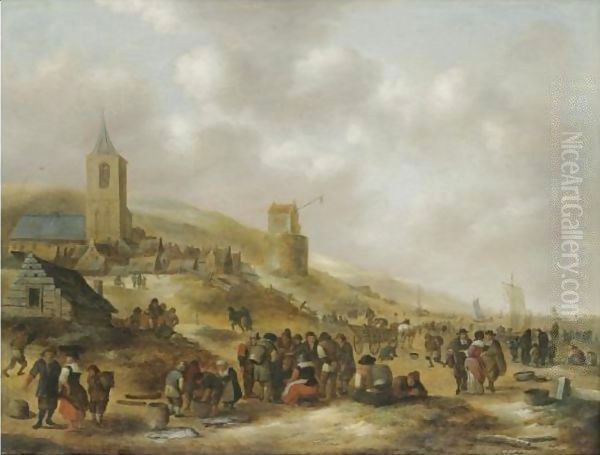 A View Of The Beach At Scheveningen With Fishermen Selling Their Catch Oil Painting by Claes Molenaar (see Molenaer)