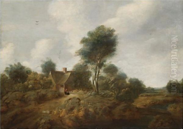 A Wooded Landscape With Figures Before A Cottage Oil Painting by Cornelis van Zwieten