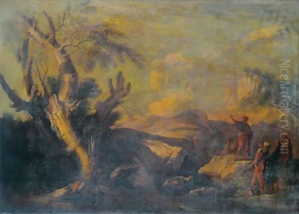 A River Landscape With Fishermen In The Foreground Oil Painting by Salvator Rosa