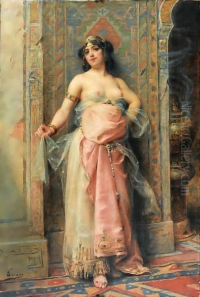 A Young Oriental Girl With A Perfume Burne Oil Painting by Henri Adriene Tanoux