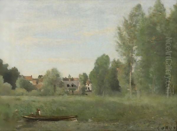 Environs De Mantes, Petites Habitations Cachees Dans Les Arbes Pres Du Bord De L'Eau Oil Painting by Jean-Baptiste-Camille Corot