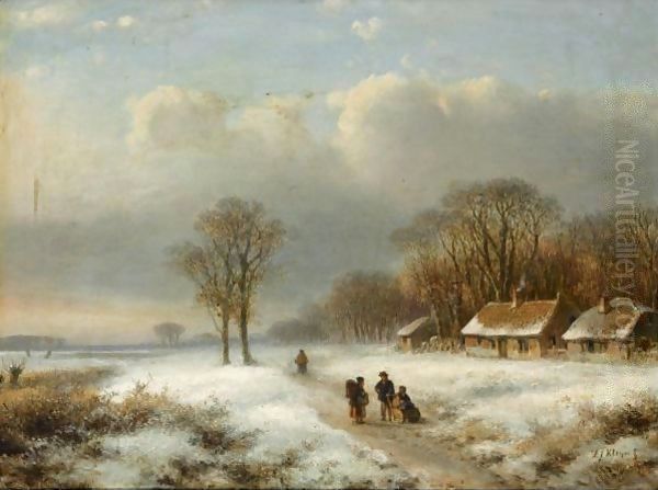 Figures In A Winter Landscape Oil Painting by Lodewijk Johannes Kleijn