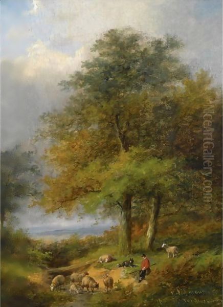 A Shepherd In A Forest Landscape Oil Painting by Franz van Severdonck