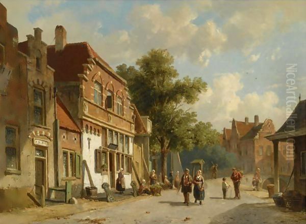 A Village Street Oil Painting by Adrianus Eversen