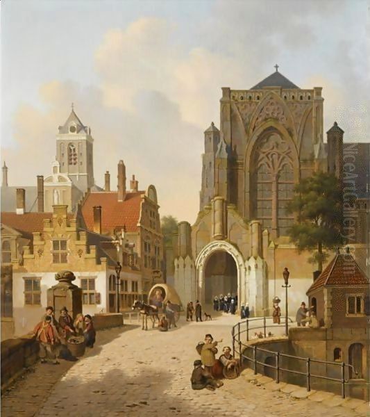 Many Figures In A Dutch Town Oil Painting by Jan Hendrik Verheijen