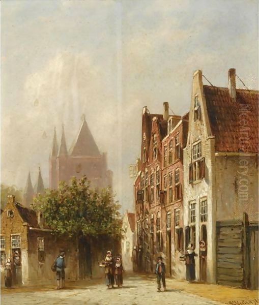 Figures In The Streets Of A Sunlit Town Oil Painting by Pieter Gerard Vertin