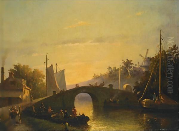 Figures Near A Bridge In A Dutch Town Oil Painting by Joseph Bles