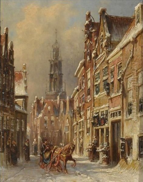 Figures On A Sledge In A Snow-Covered Dutch Town Oil Painting by Pieter Gerard Vertin