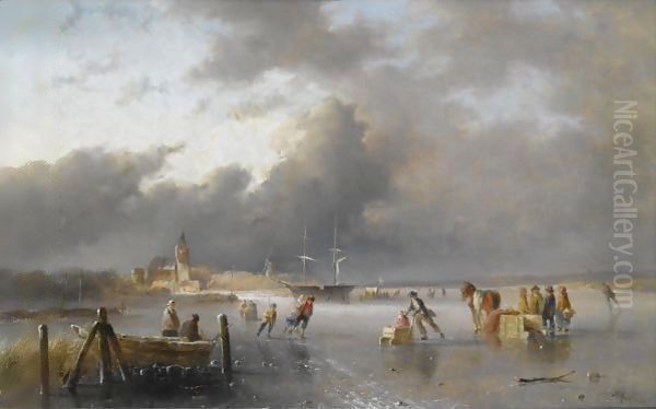 Skaters On A Frozen Waterway, A 'Koek En Zopie' In The Distance Oil Painting by Jan Evert Morel