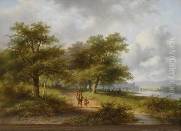 Travellers On A Country Road, A Town In The Distance Oil Painting by Jan Evert Morel