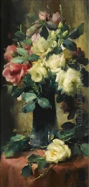 Roses In A Vase Oil Painting by Frans Mortelmans