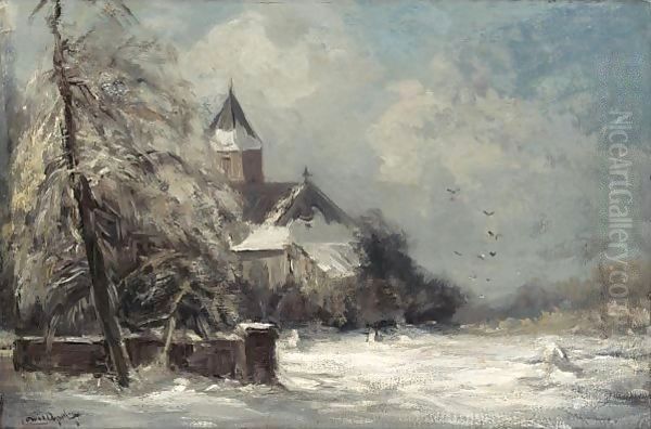 A Church In A Snow Covered Landscape Oil Painting by Louis Apol