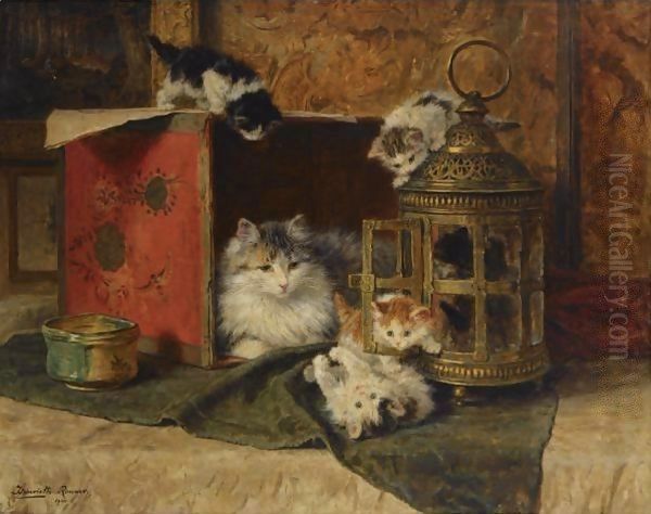 A Mother Cat Watching Her Kittens Playing Oil Painting by Henriette Ronner-Knip