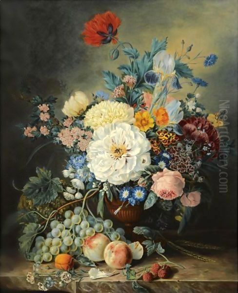 A Still Life With Flowers And Fruit Oil Painting by Adriana Van Ravenswaay