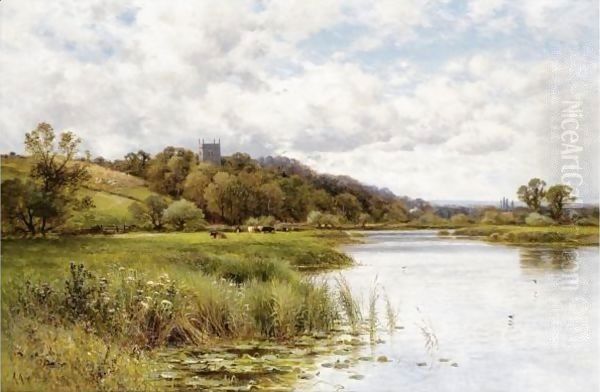 Cattle Grazing In A River Landscape With A Church Beyond Oil Painting by Alfred Glendening