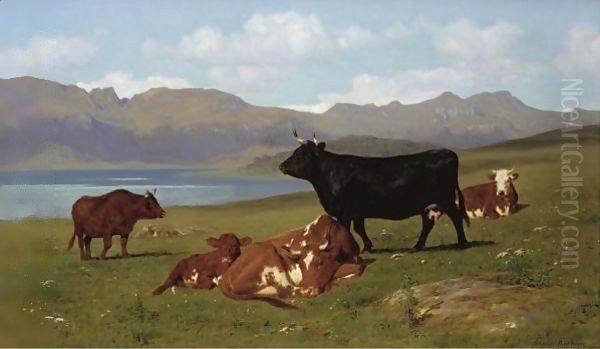 Cattle Grazing On A Hillside With A Lake In The Near Distance Oil Painting by Auguste Bonheur