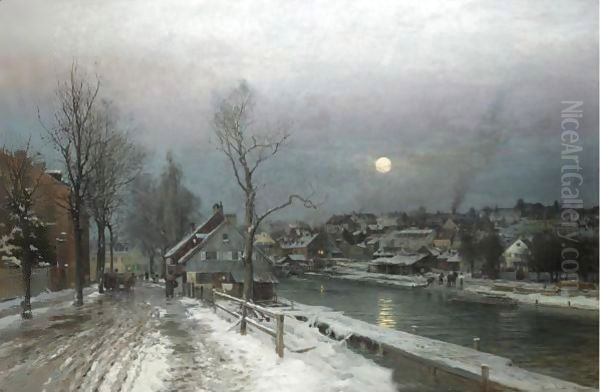 A Busy Town In Moonlight Oil Painting by Anders Anderson-Lundby