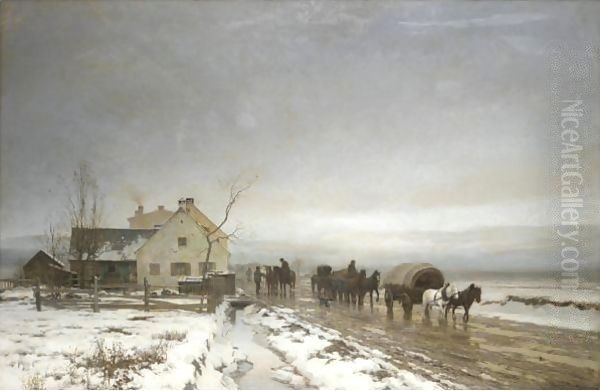 The Long And Wintery Road Oil Painting by Anders Anderson-Lundby