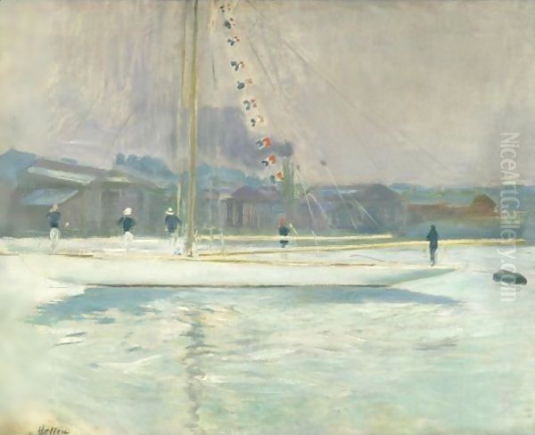 Yacht Vero Entrant Au Port Oil Painting by Paul Cesar Helleu