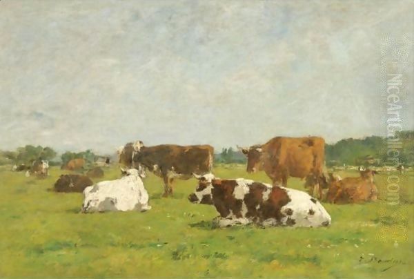 Vaches Au Pre Oil Painting by Eugene Boudin